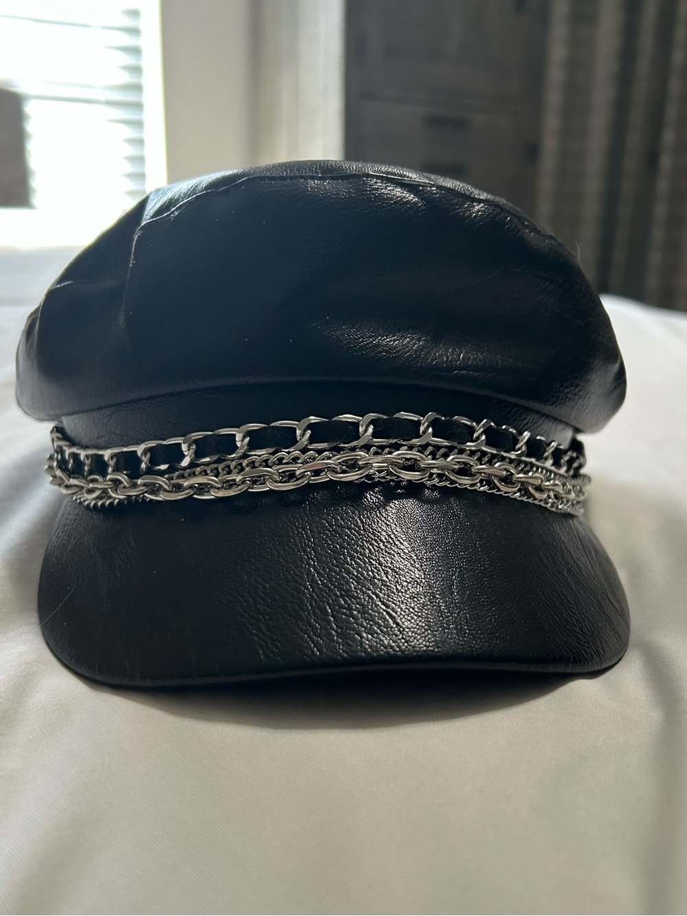 Black Faux Leather Chain-Trim Baker Boy Cap